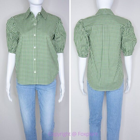 NWT kate spade mini gingham button-front shirt, Green & White - Picture 3 of 16